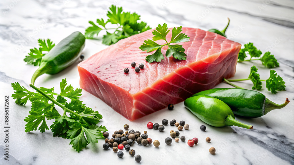 A fresh, raw tuna steak is presented on a marble countertop, surrounded by jalapeno peppers and sprigs of parsley A fresh, raw tuna steak is presented on a marble countertop, surrounded by jalapeno peppers and sprigs of parsley