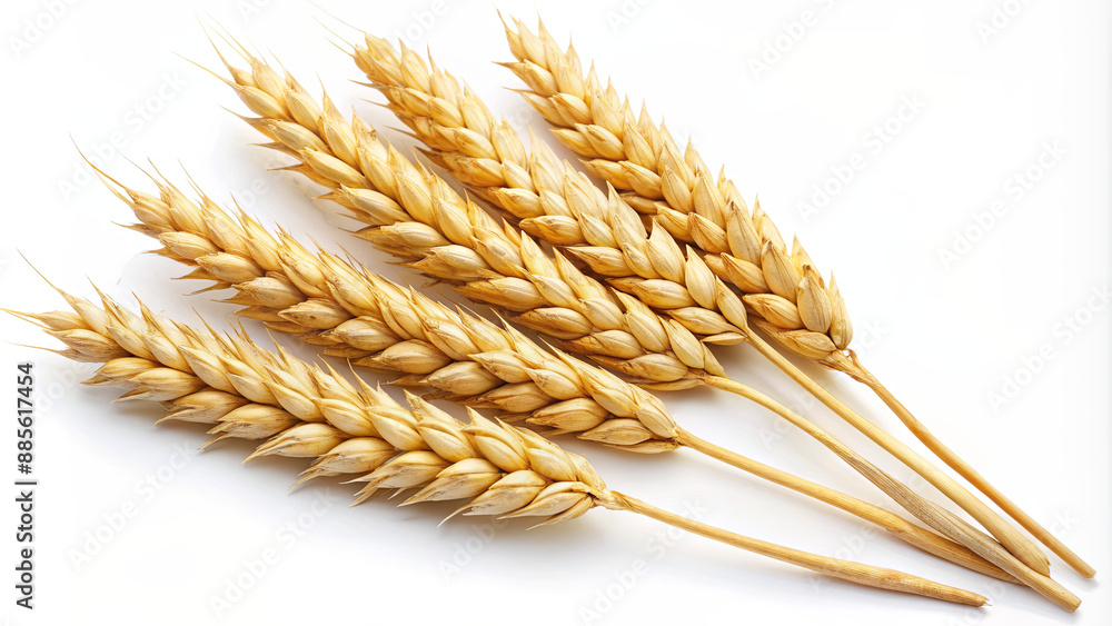 Five golden wheat stalks lie on a white surface Five golden wheat stalks lie on a white surface