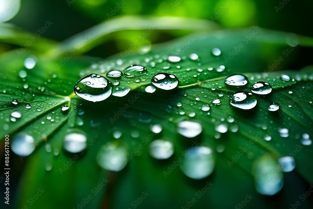 Large beautiful drops of transparent rain water on a green leaf macro. Drops of dew in the morning glow in the sun. Large beautiful drops of transparent rain water on a green leaf macro. Drops of dew in the morning glow in the sun.