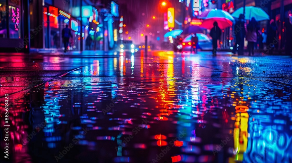 Obraz premium Bright and sharp photograph of a rainy night street scene with colorful neon lights in the city.