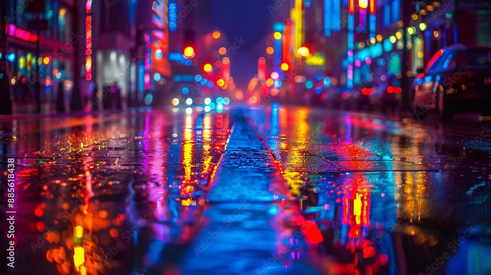 Fototapeta premium A vivid and sharp photograph of a rainy night street scene with colorful neon lights on a wet sidewalk.