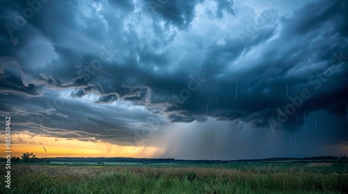 Fototapeta Naklejka Na Ścianę i Meble -  It is a clear and stunning photograph of a stormy sky with dark clouds and heavy rain falling over the landscape.