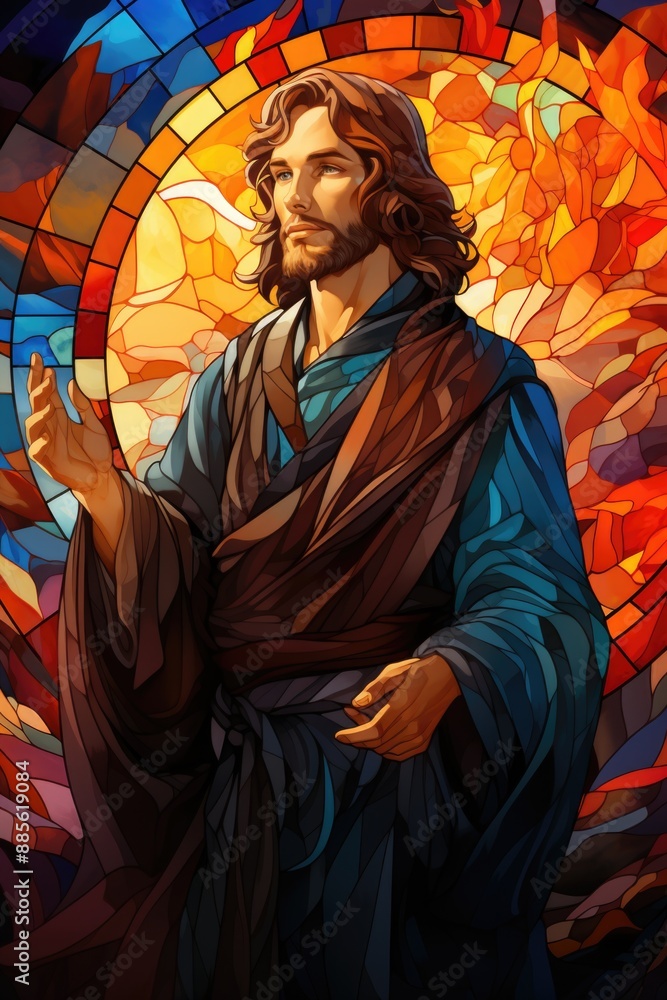 Illustration of Jesus' stained glass holding a flower., generative IA Illustration of Jesus' stained glass holding a flower., generative IA