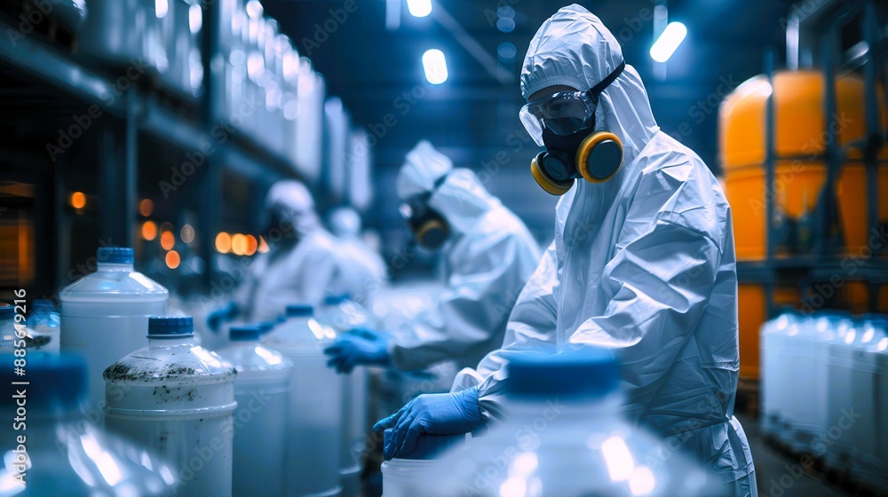 Workers in protective suits and masks operate machinery in a industrial setting. Workers in protective suits and masks operate machinery in a industrial setting.