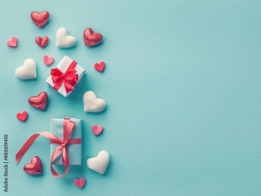 A gift box wrapped in red ribbon and surrounded by love symbols, set against a bright blue background A gift box wrapped in red ribbon and surrounded by love symbols, set against a bright blue background