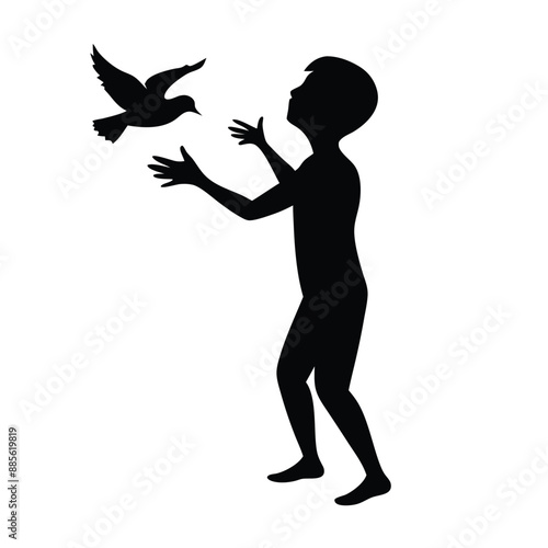 a boy coughing a flying bird, silhouette design  