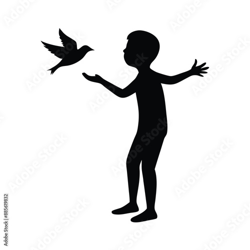 a boy coughing a flying bird, silhouette design  