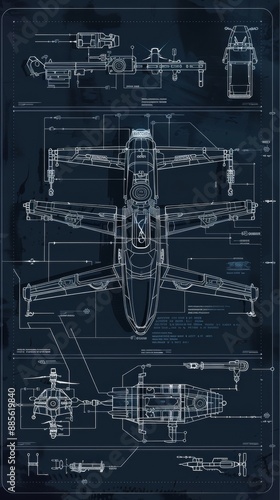 A blueprint illustration of a combat drone, its components overlaid with philosophical text on warfare