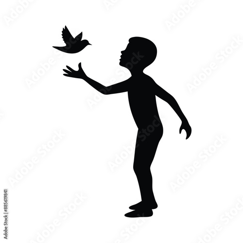 a boy coughing a flying bird, silhouette design  