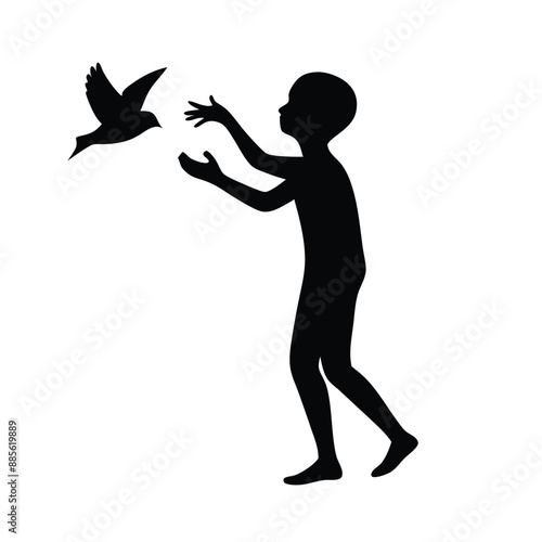 a boy coughing a flying bird, silhouette design  