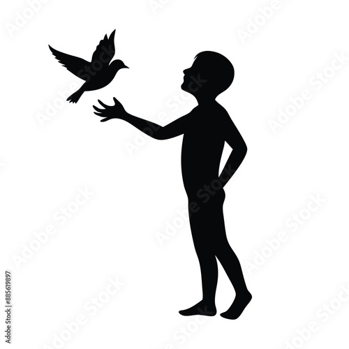 a boy coughing a flying bird, silhouette design  