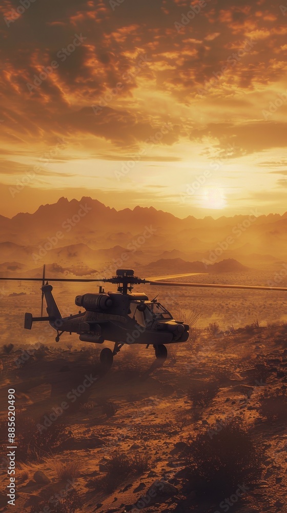 A hauntingly beautiful image of a lone Attack Helicopters AH-64 Apache, weathered and battle-worn, standing abandoned in a desolate desert graveyard A hauntingly beautiful image of a lone Attack Helicopters AH-64 Apache, weathered and battle-worn, standing abandoned in a desolate desert graveyard