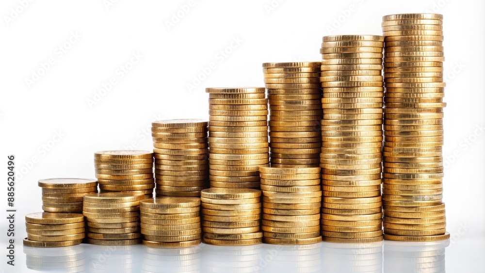 Golden Coin Stacks Increasing In Size On A White Background. Generative AI Golden Coin Stacks Increasing In Size On A White Background. Generative AI