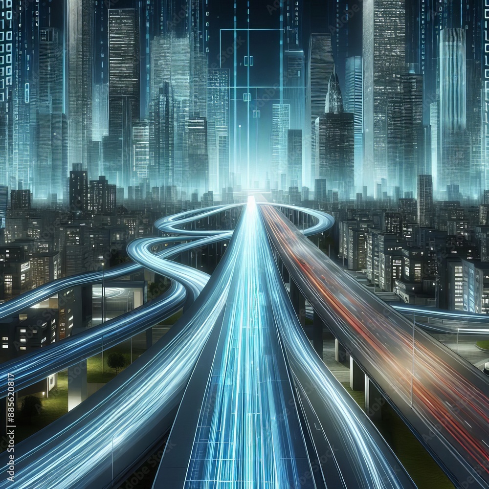 3D Rendering of abstract highway path through digital binary towers in city. 3D Rendering of abstract highway path through digital binary towers in city.