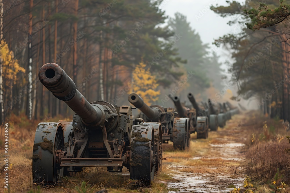 The heavy artillery guns, once instruments of destruction, now stand silent and forgotten The heavy artillery guns, once instruments of destruction, now stand silent and forgotten