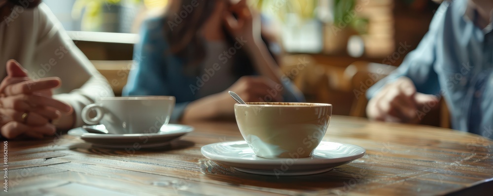 Friends talking at a cafe table during a coffee break. Friends talking at a cafe table during a coffee break.