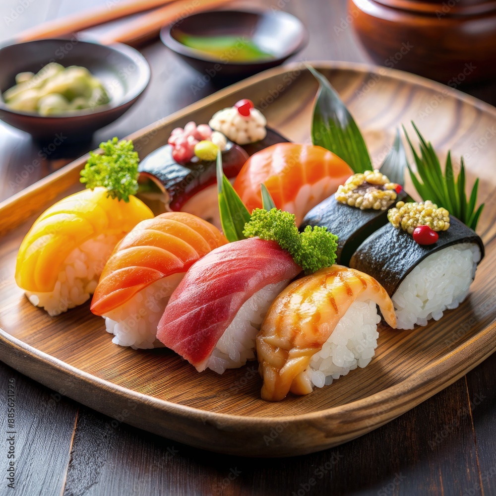 A Colorful Selection of Nigiri Sushi on a Wooden Plate. Generative AI A Colorful Selection of Nigiri Sushi on a Wooden Plate. Generative AI