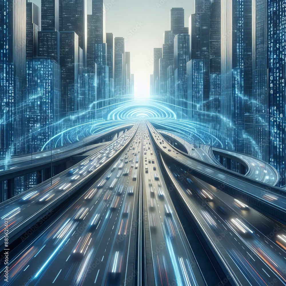 Fototapeta premium 3D Rendering of abstract highway path through digital binary towers in city.