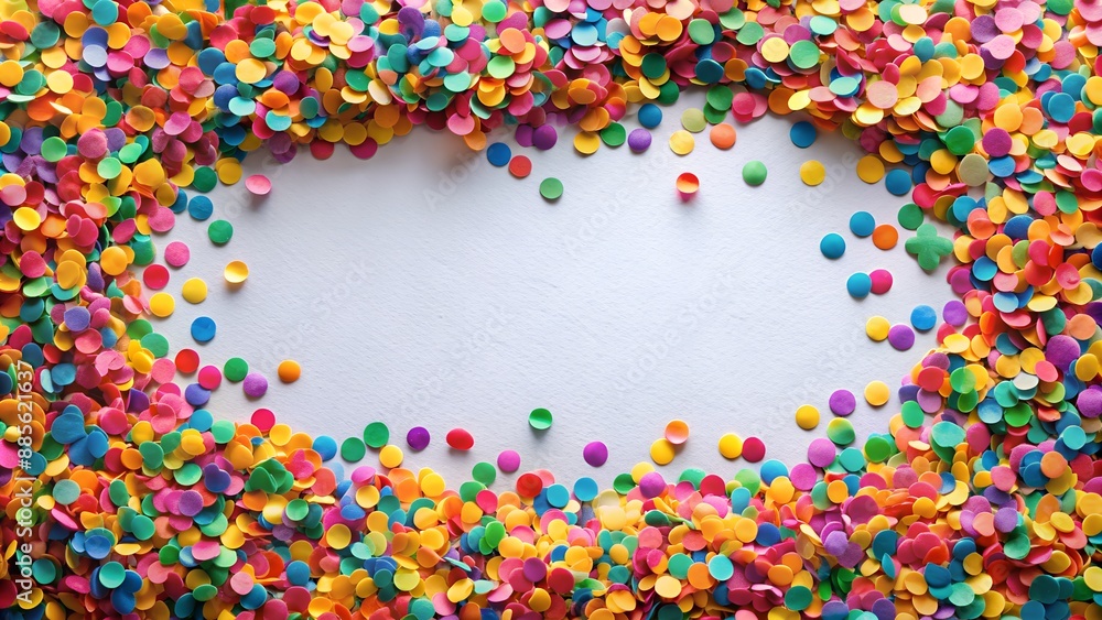 A colorful confetti on white background with copy space. The confetti is scattered in a border, creating a festive and celebratory atmosphere A colorful confetti on white background with copy space. The confetti is scattered in a border, creating a festive and celebratory atmosphere
