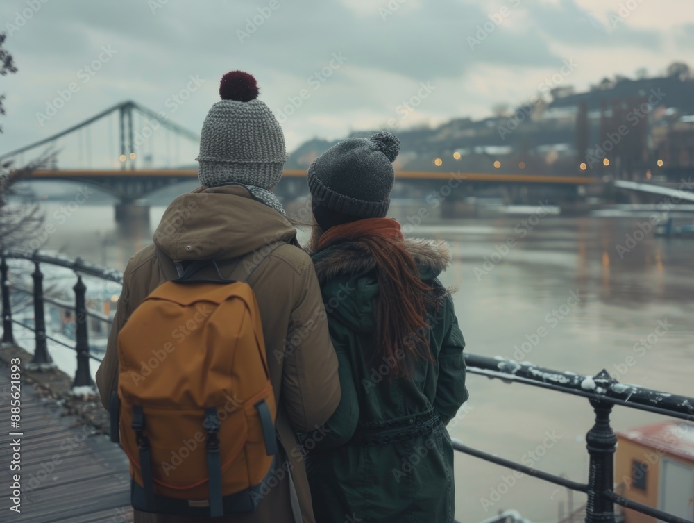 A pair of people standing together on a bridge, looking out at the view A pair of people standing together on a bridge, looking out at the view