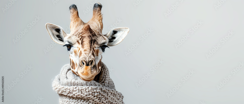 Naklejka premium A stylish giraffe wrapped in a cozy grey scarf, humorously personified against a light background, blending fashion and wildlife themes.