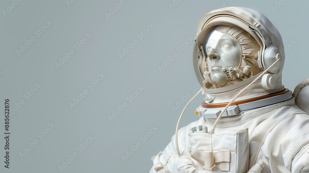 Close-up of anonymous astronaut in spacesuit against neutral background. Space exploration, science, and technology concept. Close-up of anonymous astronaut in spacesuit against neutral background. Space exploration, science, and technology concept.