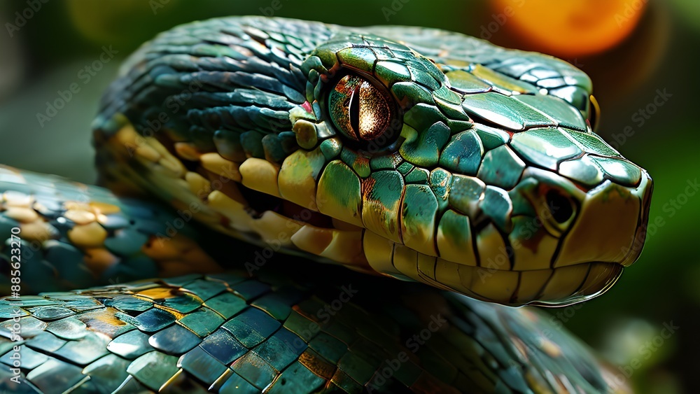 Green Snake looks into the camera symbol of the New Year 2025. Green Snake looks into the camera symbol of the New Year 2025.