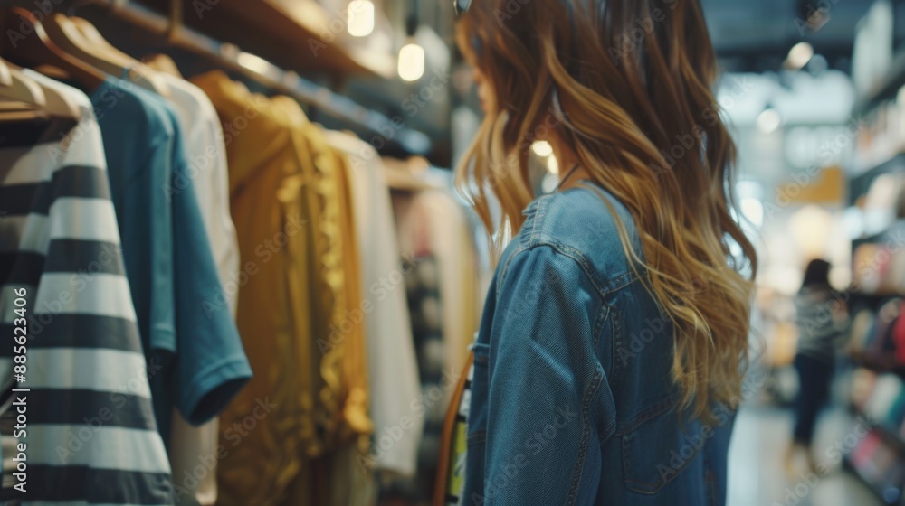 A woman standing in front of a rack of clothes, ready for shopping or trying on outfits A woman standing in front of a rack of clothes, ready for shopping or trying on outfits