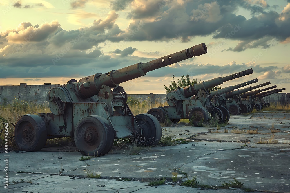 The heavy artillery guns, once instruments of destruction, now stand silent and forgotten