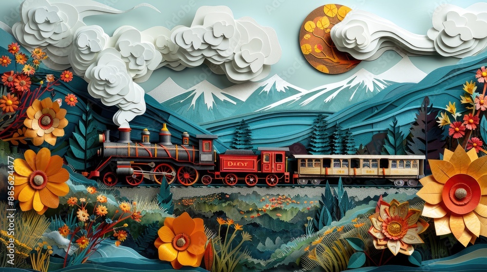 Colorful paper art depicting a scenic old train journey through the countryside, with detailed old trains, landscapes, and travelers. Colorful paper art depicting a scenic old train journey through the countryside, with detailed old trains, landscapes, and travelers.