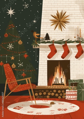 This vintage-inspired card depicts a charming illustration of a 1960s fireplace scene, complete with stockings and mid-century modern decor, capturing the essence of traditional Christmas celebrations