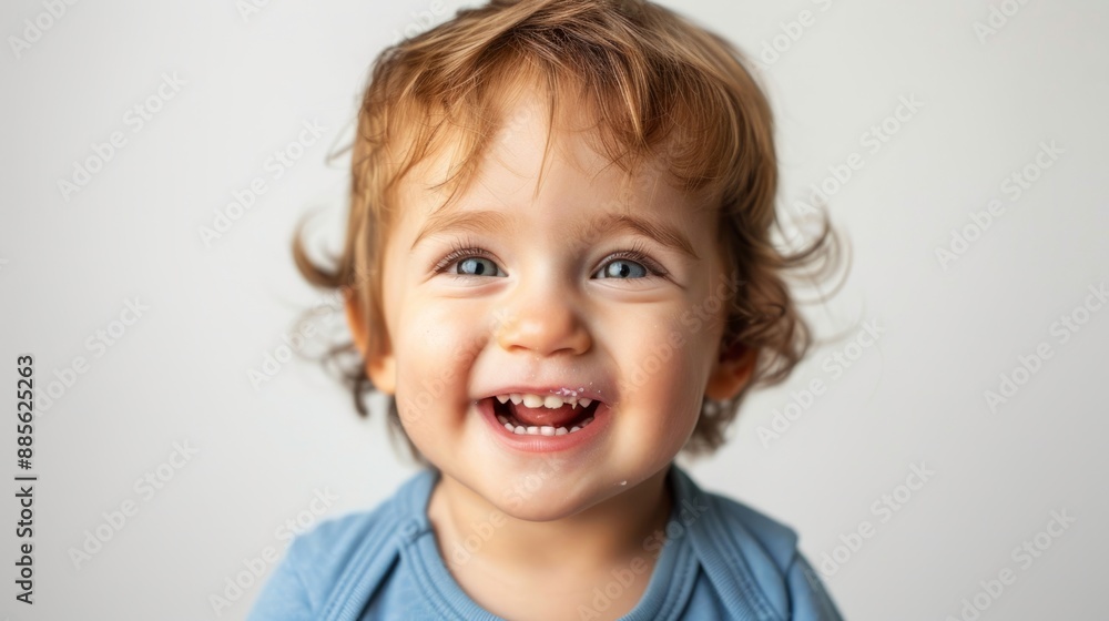 Happy smiling toddler with curly hair in blue shirt. Cute baby portrait for family and parenting themes. Perfect for child-related content. Bright and cheerful expression. AI Happy smiling toddler with curly hair in blue shirt. Cute baby portrait for family and parenting themes. Perfect for child-related content. Bright and cheerful expression. AI