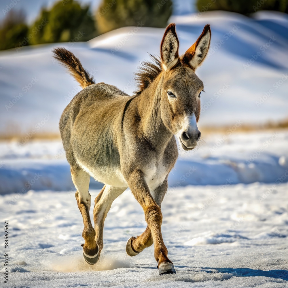 A Donkey Running Through a Snowy Field on a Sunny Day. Generative AI A Donkey Running Through a Snowy Field on a Sunny Day. Generative AI