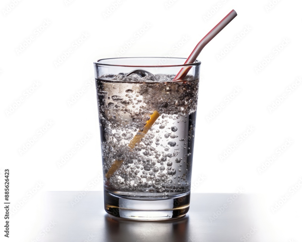 Glass of Sparkling Water With a Straw on a White Tabletop. Generative AI Glass of Sparkling Water With a Straw on a White Tabletop. Generative AI
