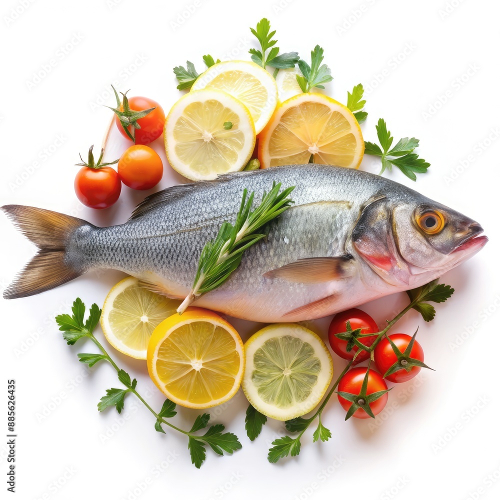 Fresh Vegan Fish With Lemon, Rosemary, and Tomatoes on White Background. Generative AI Fresh Vegan Fish With Lemon, Rosemary, and Tomatoes on White Background. Generative AI