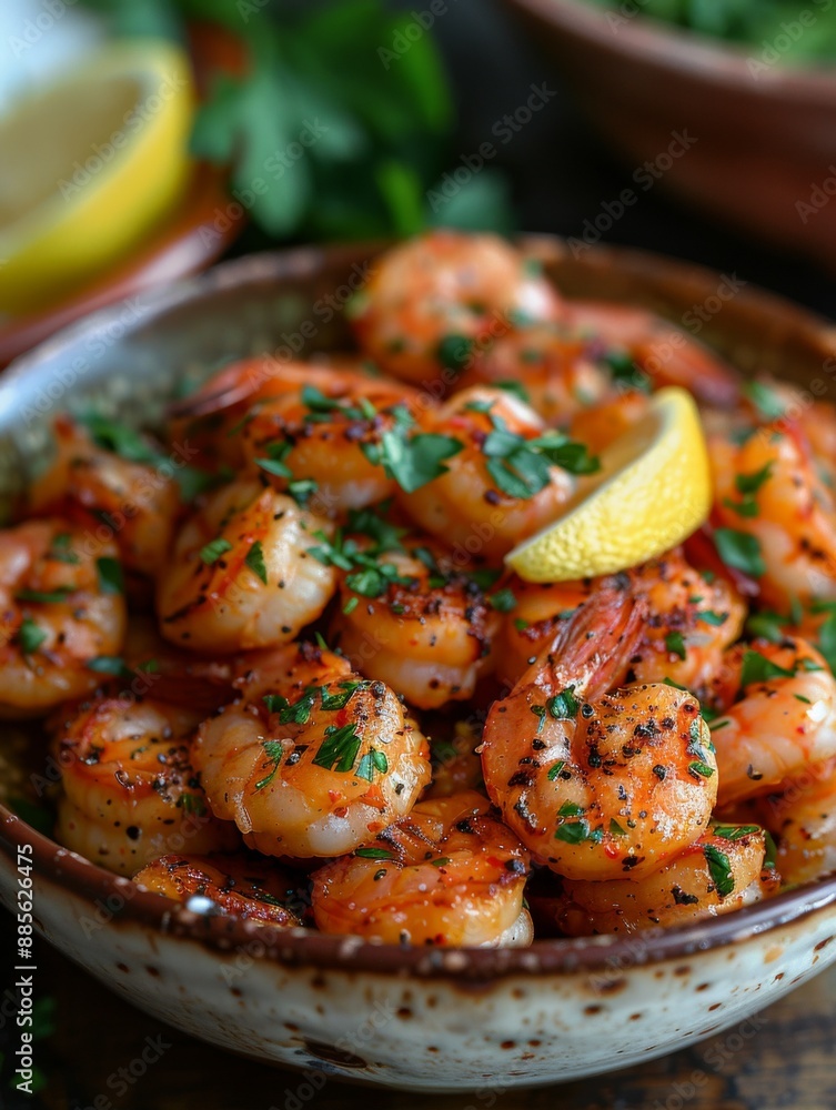 Fried Shrimp: A close-up shot of a beautifully arranged plate featuring fried seafood, shrimp. Garnish with a lemon wedge and parsley. Prawns. Shrimps. Fried Shrimp: A close-up shot of a beautifully arranged plate featuring fried seafood, shrimp. Garnish with a lemon wedge and parsley. Prawns. Shrimps.