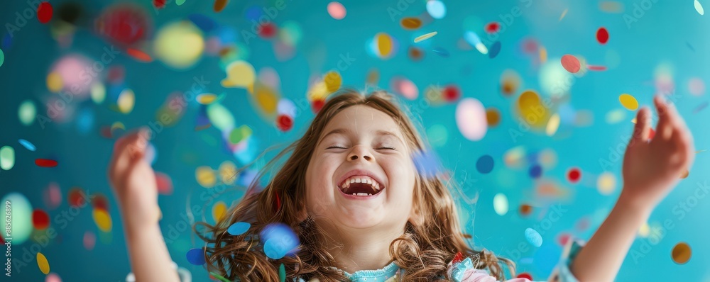 Happy little girl in a hat celebrating birthday with confetti. Free copy space for banner. Happy little girl in a hat celebrating birthday with confetti. Free copy space for banner.