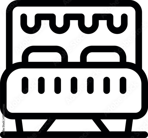 Line icon representing a double bed with pillows and blanket, perfect for projects related to hotels, bedrooms, furniture, and interior design