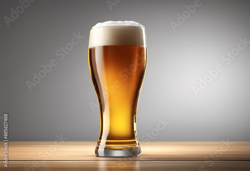 A glass of frothy beer, filled with golden beer and a thick white foam head, set against a neutral background. Oktoberfest theme.