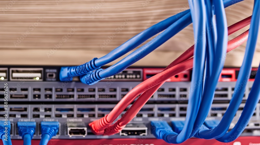 Close-up of blue and red network cables plugged into the back of servers in a data center, illustrating connectivity and technology infrastructure. Close-up of blue and red network cables plugged into the back of servers in a data center, illustrating connectivity and technology infrastructure.