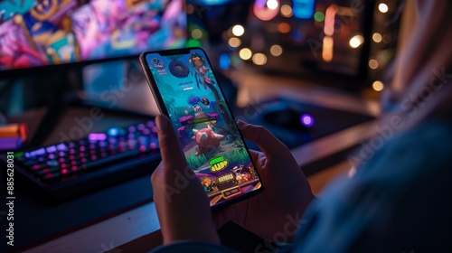 Person playing a colorful mobile game on a smartphone at a gaming setup with keyboard and monitor, in a dimly lit room with vibrant neon lights.
