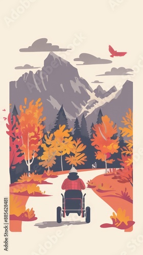 Autumn scene with person riding bicycle down winding path through landscape. Majestic mountains rise against sky. Earthy tones of browns, greens, oranges create harmonious blend of natural elements. photo