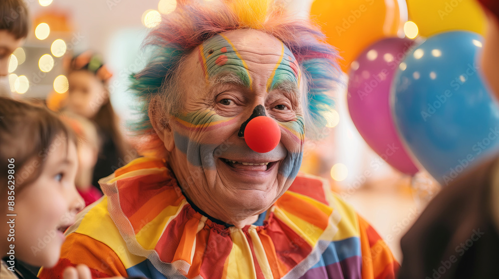 Joyful Elderly Clown Entertaining at a Festive Birthday Party with Balloons and Lights Joyful Elderly Clown Entertaining at a Festive Birthday Party with Balloons and Lights