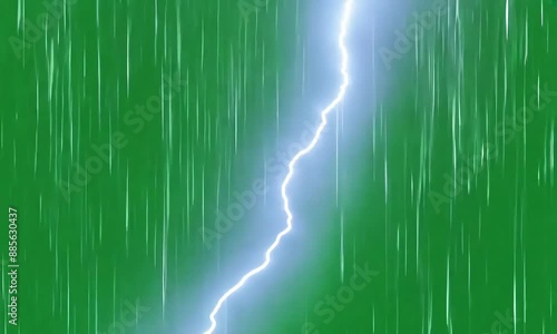 Intense thunderstorm effects with bright lightning and pouring rain on a vibrant green screen (mov)