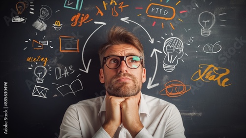 Man contemplating innovation ideas with various drawings on a chalkboard, representing creativity and brainstorming concepts. photo