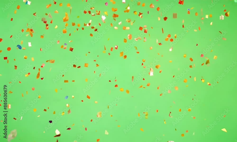 Multicolored confetti falls gracefully against a green screen background (mov)