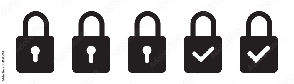 Lock icon, lock with tick, lock check mark, security icon. Lock icon, lock with tick, lock check mark, security icon.