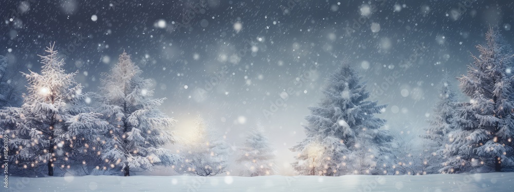 Snowy Christmas tree banner, blurred lights background, falling snowflakes festive atmosphere Snowy Christmas tree banner, blurred lights background, falling snowflakes festive atmosphere