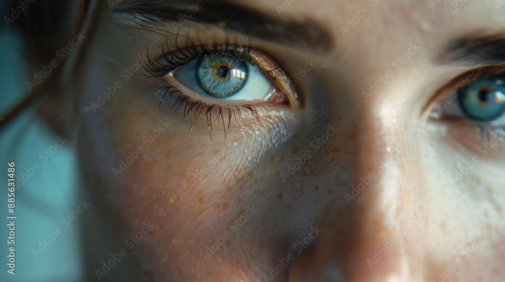 A detailed view of a woman's eyes featuring freckles, suitable for use in beauty or personal care contexts