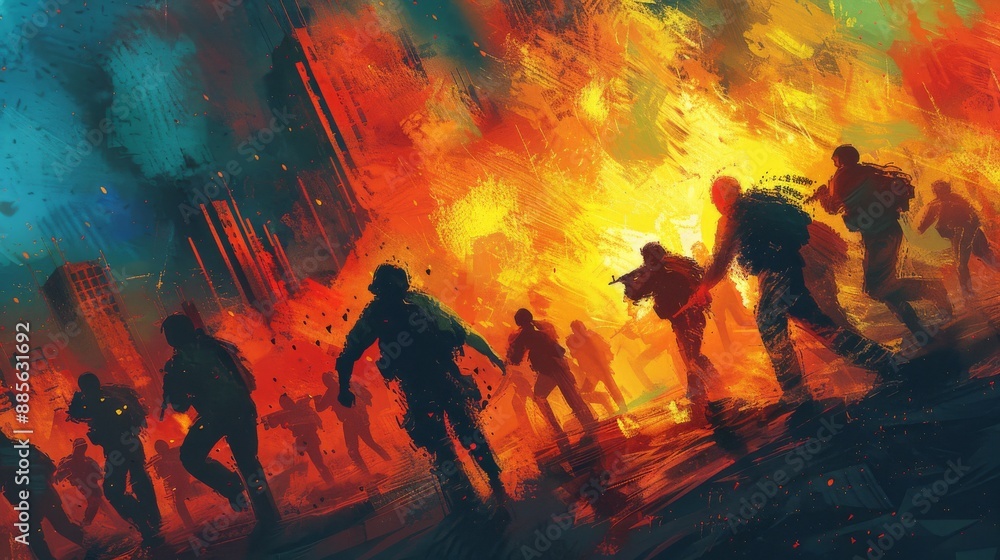 Fototapeta premium illustration of people shielding each other, forming a human barrier against gunfire